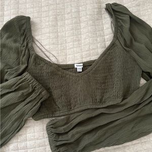 Garage Green Puff Sleeve Smocked Crop Blouse